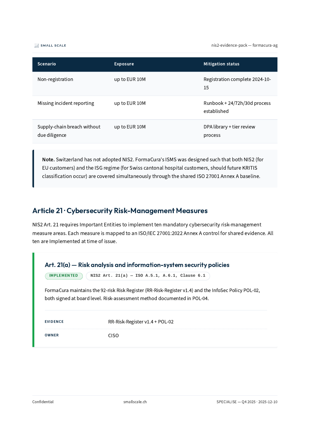 NIS2 evidence pack — SPECIALISE sample page